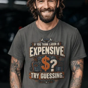 Sarcastic T-Shirt — "If You Think Labor Is Expensive, Try Guessing" Vintage Trades Tee — pepper t-shirt, model photo | Pressure Tested Co