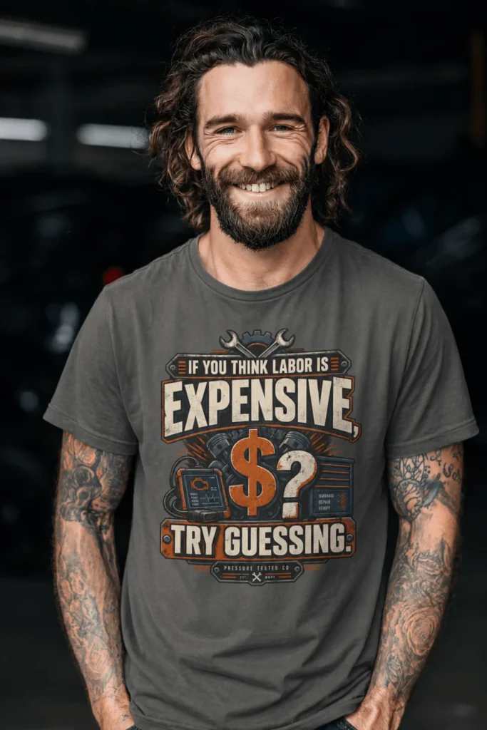 Sarcastic T-Shirt — "If You Think Labor Is Expensive, Try Guessing" Vintage Trades Tee — pepper t-shirt, model photo | Pressure Tested Co