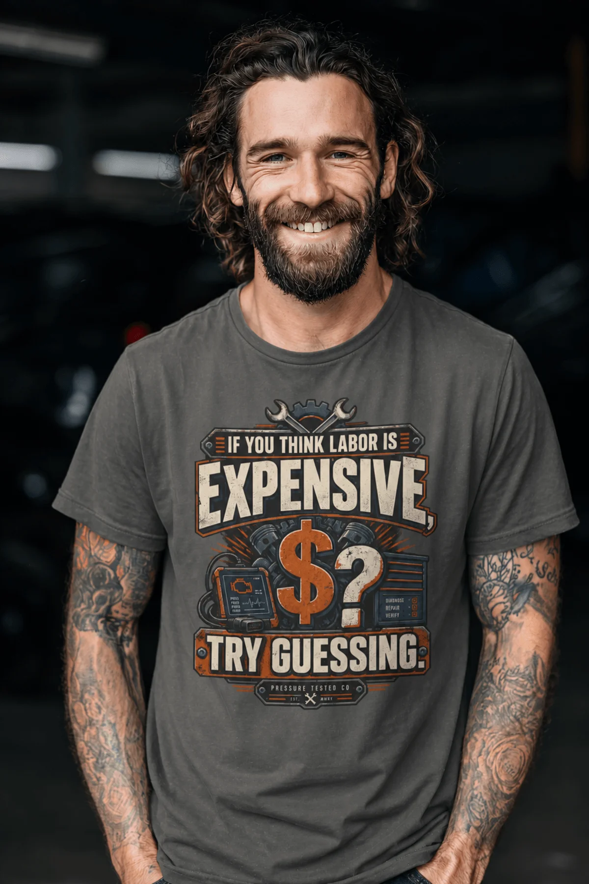 Sarcastic T-Shirt — "If You Think Labor Is Expensive, Try Guessing" Vintage Trades Tee — pepper t-shirt, model photo | Pressure Tested Co