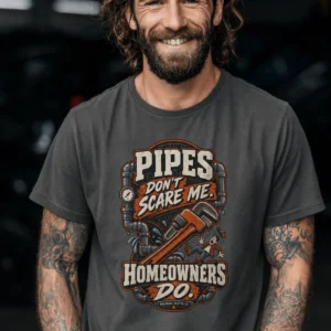 Plumber Humor T-Shirt — “Pipes Don't Scare Me, Homeowners Do” Graphic Pipe Tee — pepper t-shirt, model photo | Pressure Tested Co
