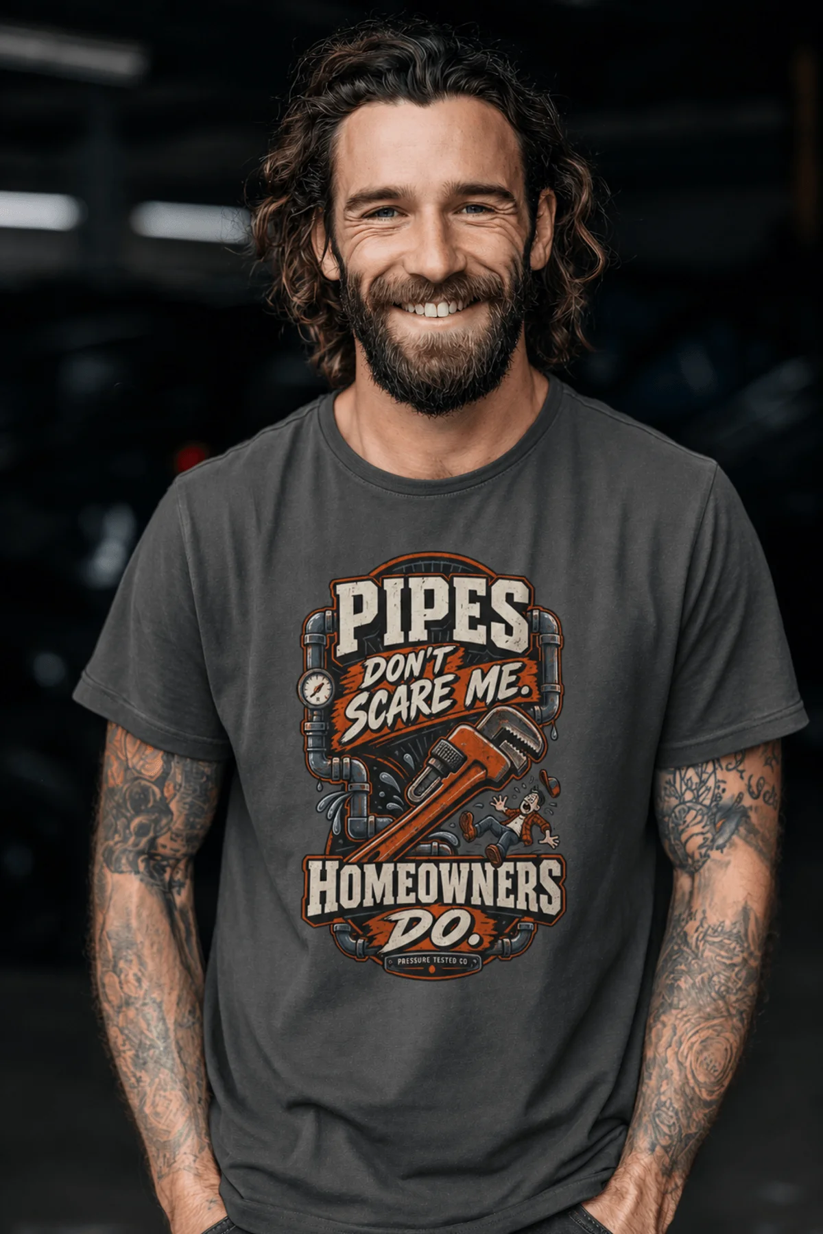 Plumber Humor T-Shirt — “Pipes Don't Scare Me, Homeowners Do” Graphic Pipe Tee — pepper t-shirt, model photo | Pressure Tested Co