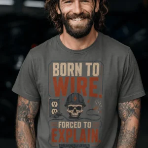 Electrician T-Shirt — "Born to Wire, Forced to Explain" Vintage Skull Tee — pepper t-shirt, model photo | Pressure Tested Co