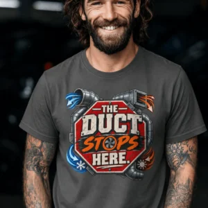The Duct Stops Here T-Shirt — HVAC Technician Funny Logo Tee — pepper t-shirt, model photo | Pressure Tested Co