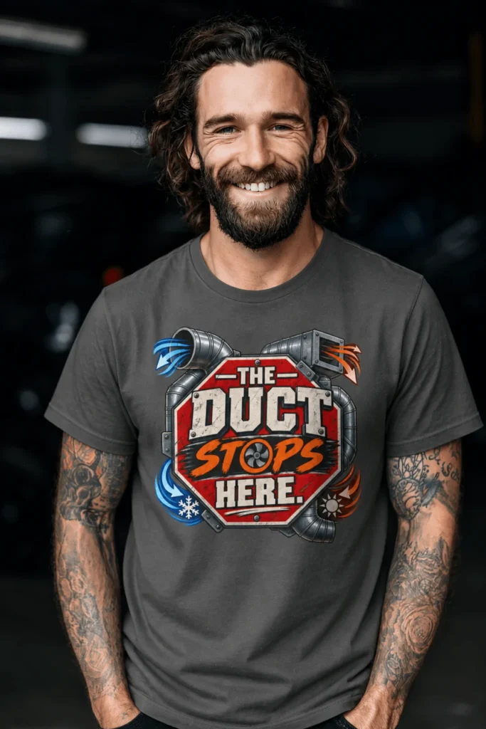 The Duct Stops Here T-Shirt — HVAC Technician Funny Logo Tee — pepper t-shirt, model photo | Pressure Tested Co