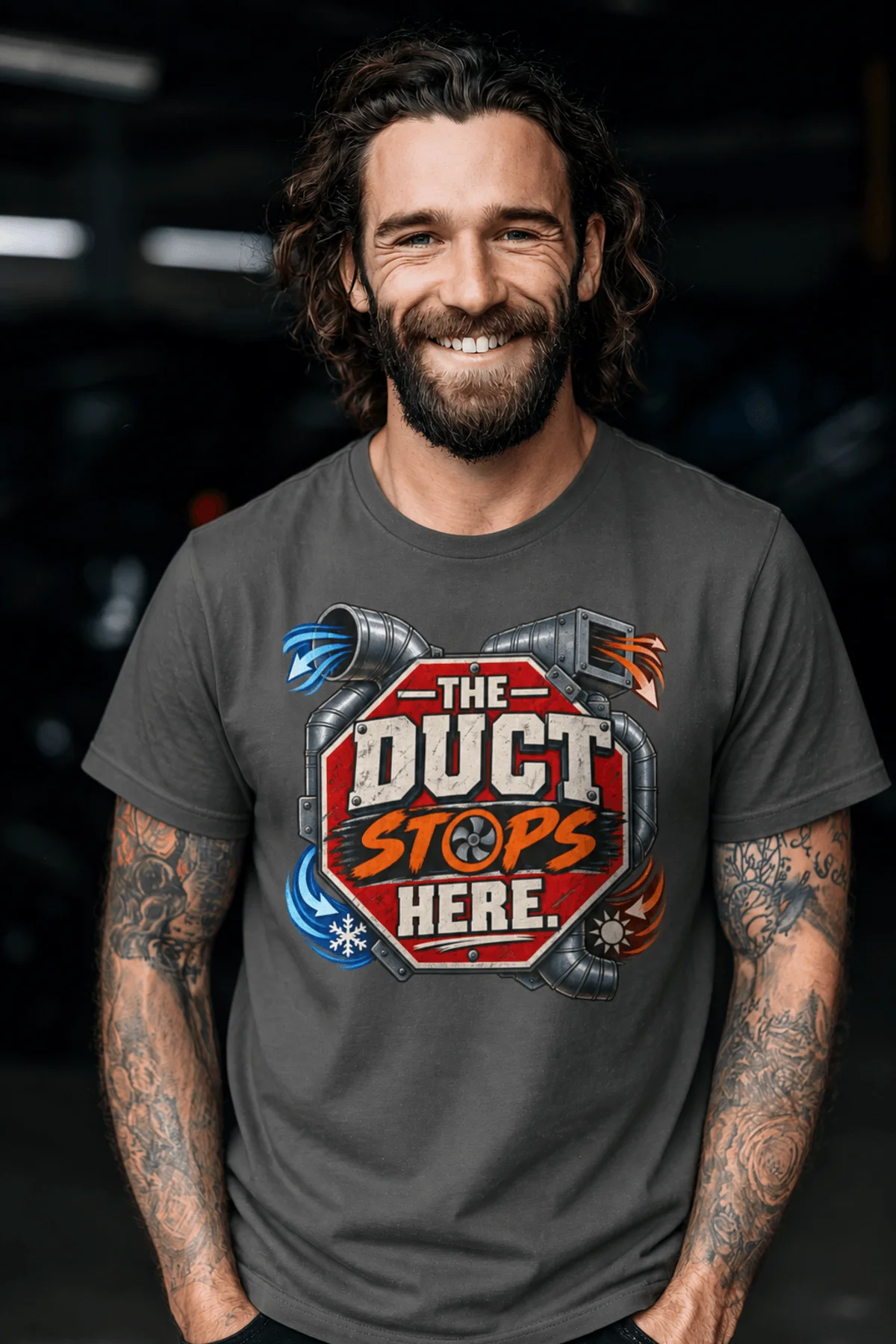 The Duct Stops Here T-Shirt — HVAC Technician Funny Logo Tee — pepper t-shirt, model photo | Pressure Tested Co