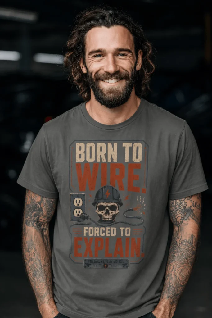 Electrician T-Shirt — "Born to Wire, Forced to Explain" Vintage Skull Tee — pepper t-shirt, model photo | Pressure Tested Co