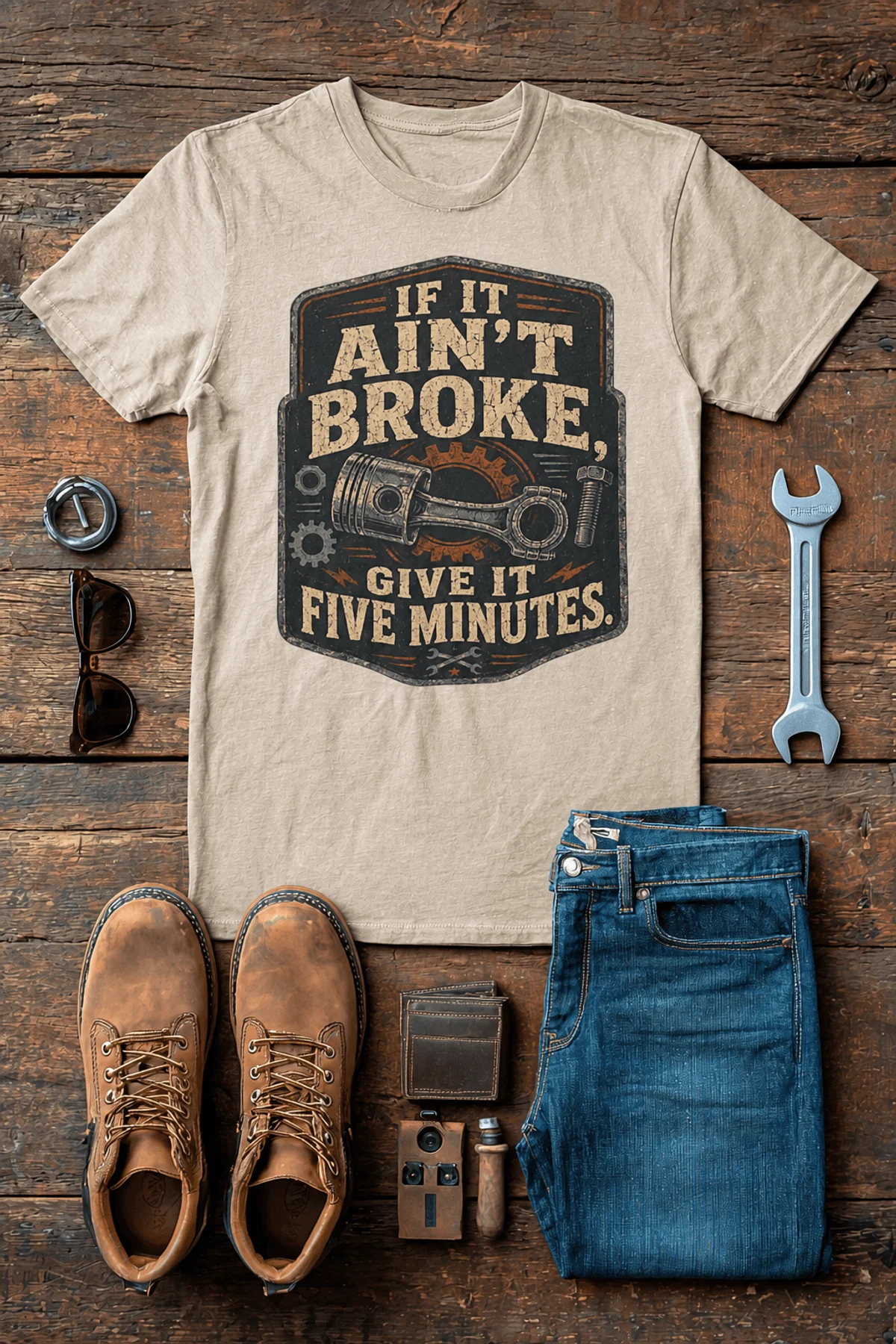 T-Shirt — "If It Ain't Broke, Give It Five Minutes" Vintage Mechanic Tee — silver t-shirt, flat-lay product photo | Pressure Tested Co