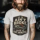 T-Shirt — "If It Ain't Broke, Give It Five Minutes" Vintage Mechanic Tee — silver t-shirt, model photo | Pressure Tested Co