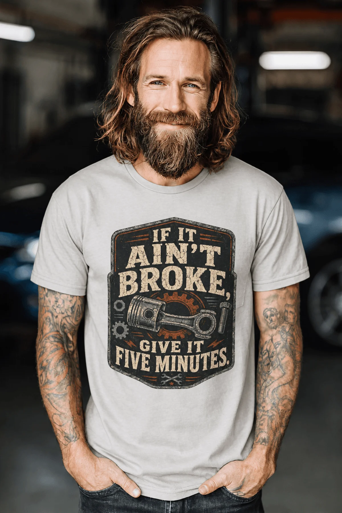 T-Shirt — "If It Ain't Broke, Give It Five Minutes" Vintage Mechanic Tee — silver t-shirt, model photo | Pressure Tested Co