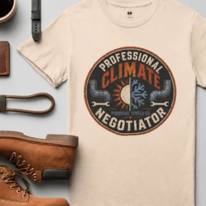 Funny HVAC Shirt, "Professional Climate Negotiator" T-Shirt – HVAC Service Tech Badge Design — soft-cream t-shirt, flat-lay product photo | Pressure Tested Co