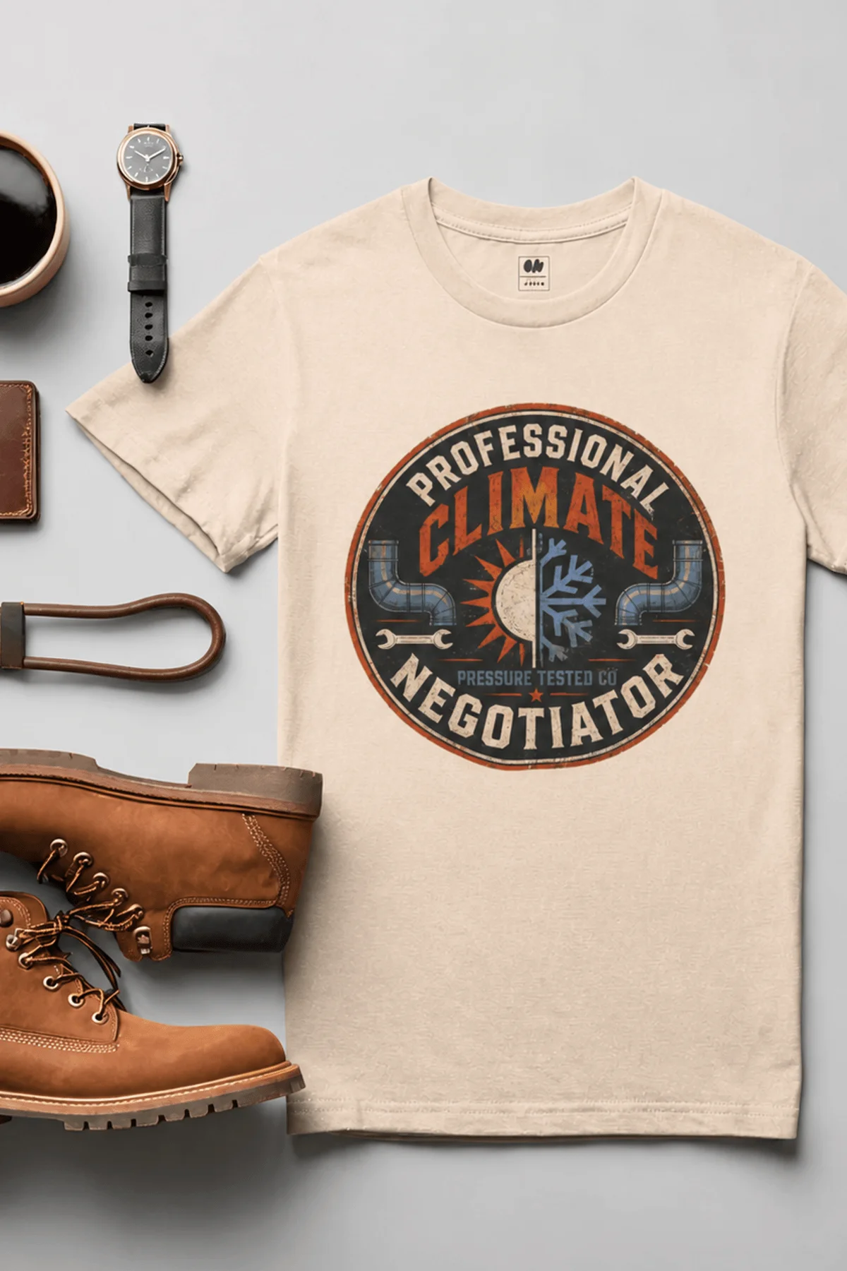 Funny HVAC Shirt, "Professional Climate Negotiator" T-Shirt – HVAC Service Tech Badge Design — soft-cream t-shirt, flat-lay product photo | Pressure Tested Co