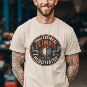 Funny HVAC Shirt, "Professional Climate Negotiator" T-Shirt – HVAC Service Tech Badge Design — soft-cream t-shirt, model photo | Pressure Tested Co