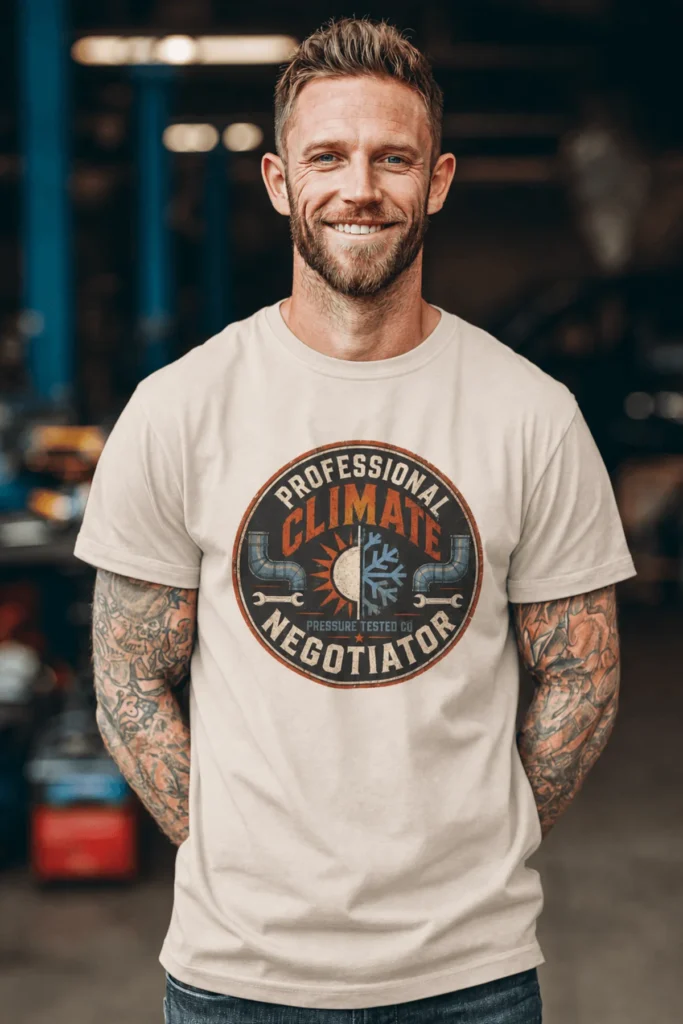 Funny HVAC Shirt, "Professional Climate Negotiator" T-Shirt – HVAC Service Tech Badge Design — soft-cream t-shirt, model photo | Pressure Tested Co