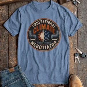 Funny HVAC Shirt, "Professional Climate Negotiator" T-Shirt – HVAC Service Tech Badge Design — steel-blue t-shirt, flat-lay product photo | Pressure Tested Co