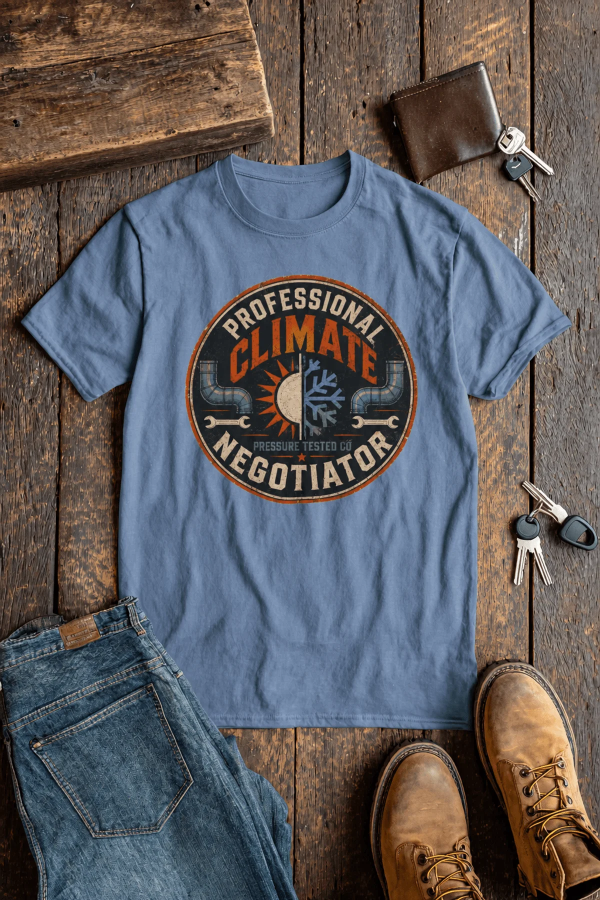 Funny HVAC Shirt, "Professional Climate Negotiator" T-Shirt – HVAC Service Tech Badge Design — steel-blue t-shirt, flat-lay product photo | Pressure Tested Co