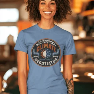 Funny HVAC Shirt, "Professional Climate Negotiator" T-Shirt – HVAC Service Tech Badge Design — steel-blue t-shirt, model photo | Pressure Tested Co