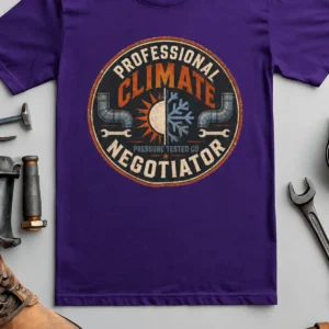 Funny HVAC Shirt, "Professional Climate Negotiator" T-Shirt – HVAC Service Tech Badge Design — team-purple t-shirt, flat-lay product photo | Pressure Tested Co