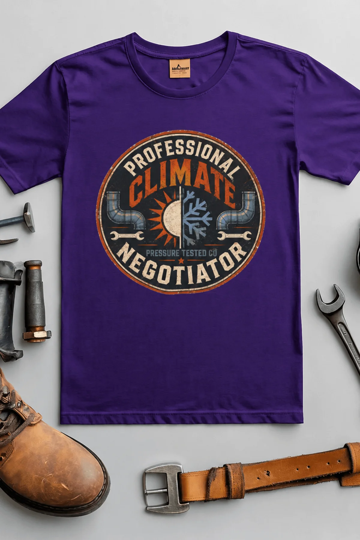 Funny HVAC Shirt, "Professional Climate Negotiator" T-Shirt – HVAC Service Tech Badge Design — team-purple t-shirt, flat-lay product photo | Pressure Tested Co