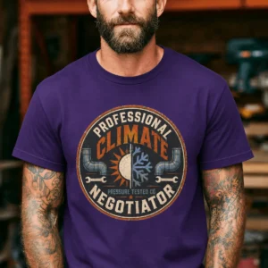 Funny HVAC Shirt, "Professional Climate Negotiator" T-Shirt – HVAC Service Tech Badge Design — team-purple t-shirt, model photo | Pressure Tested Co