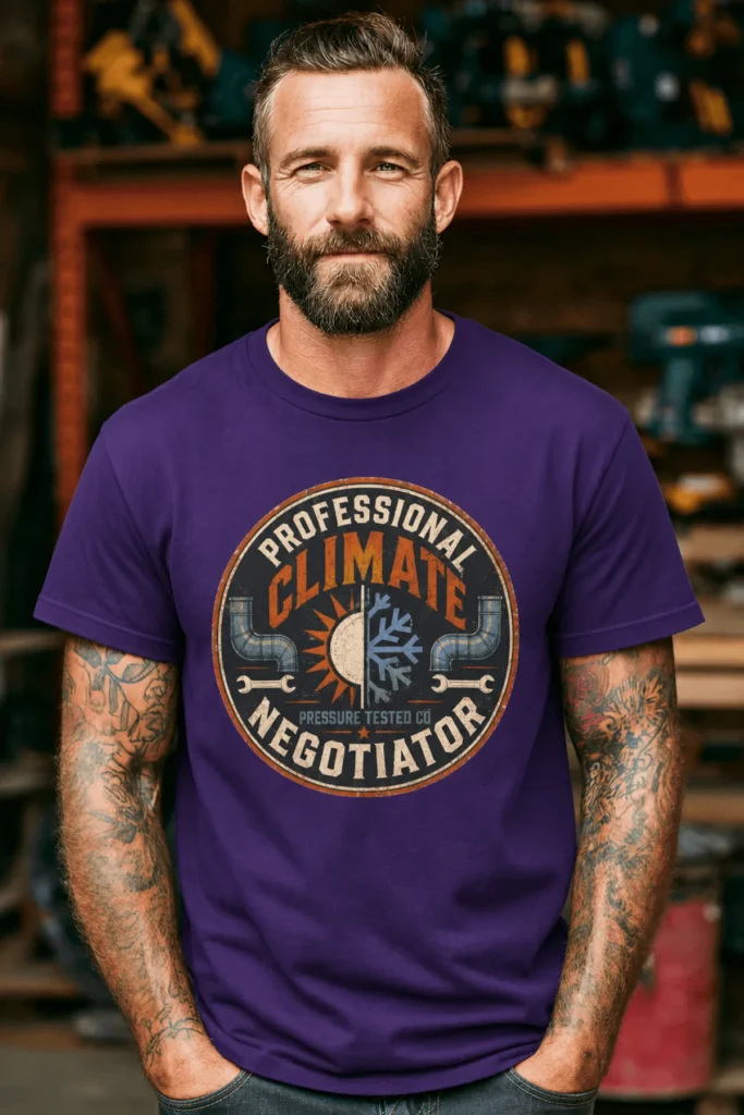 Funny HVAC Shirt, "Professional Climate Negotiator" T-Shirt – HVAC Service Tech Badge Design — team-purple t-shirt, model photo | Pressure Tested Co