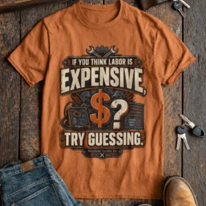 Sarcastic T-Shirt — "If You Think Labor Is Expensive, Try Guessing" Vintage Trades Tee — yam t-shirt, flat-lay product photo | Pressure Tested Co