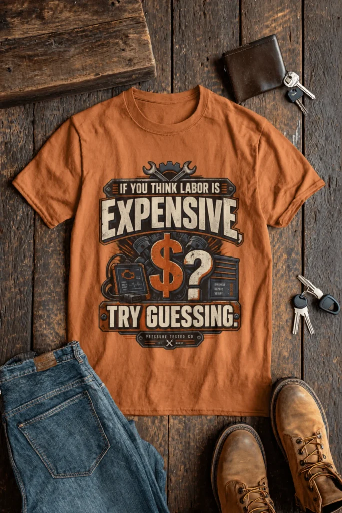 Sarcastic T-Shirt — "If You Think Labor Is Expensive, Try Guessing" Vintage Trades Tee — yam t-shirt, flat-lay product photo | Pressure Tested Co