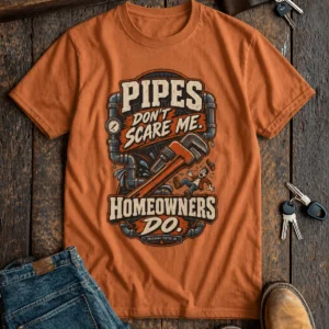 Plumber Humor T-Shirt — “Pipes Don't Scare Me, Homeowners Do” Graphic Pipe Tee — yam t-shirt, flat-lay product photo | Pressure Tested Co