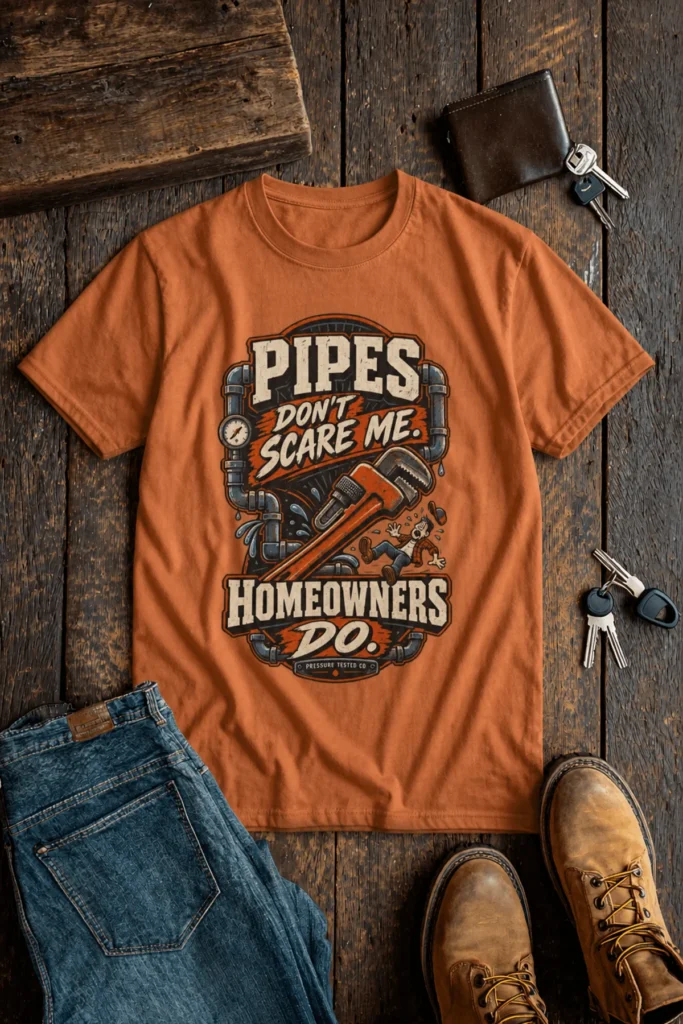Plumber Humor T-Shirt — “Pipes Don't Scare Me, Homeowners Do” Graphic Pipe Tee — yam t-shirt, flat-lay product photo | Pressure Tested Co
