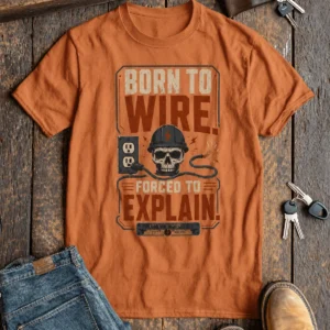 Electrician T-Shirt — "Born to Wire, Forced to Explain" Vintage Skull Tee — yam t-shirt, flat-lay product photo | Pressure Tested Co