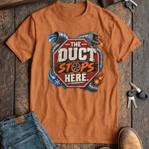 The Duct Stops Here T-Shirt — HVAC Technician Funny Logo Tee — yam t-shirt, flat-lay product photo | Pressure Tested Co