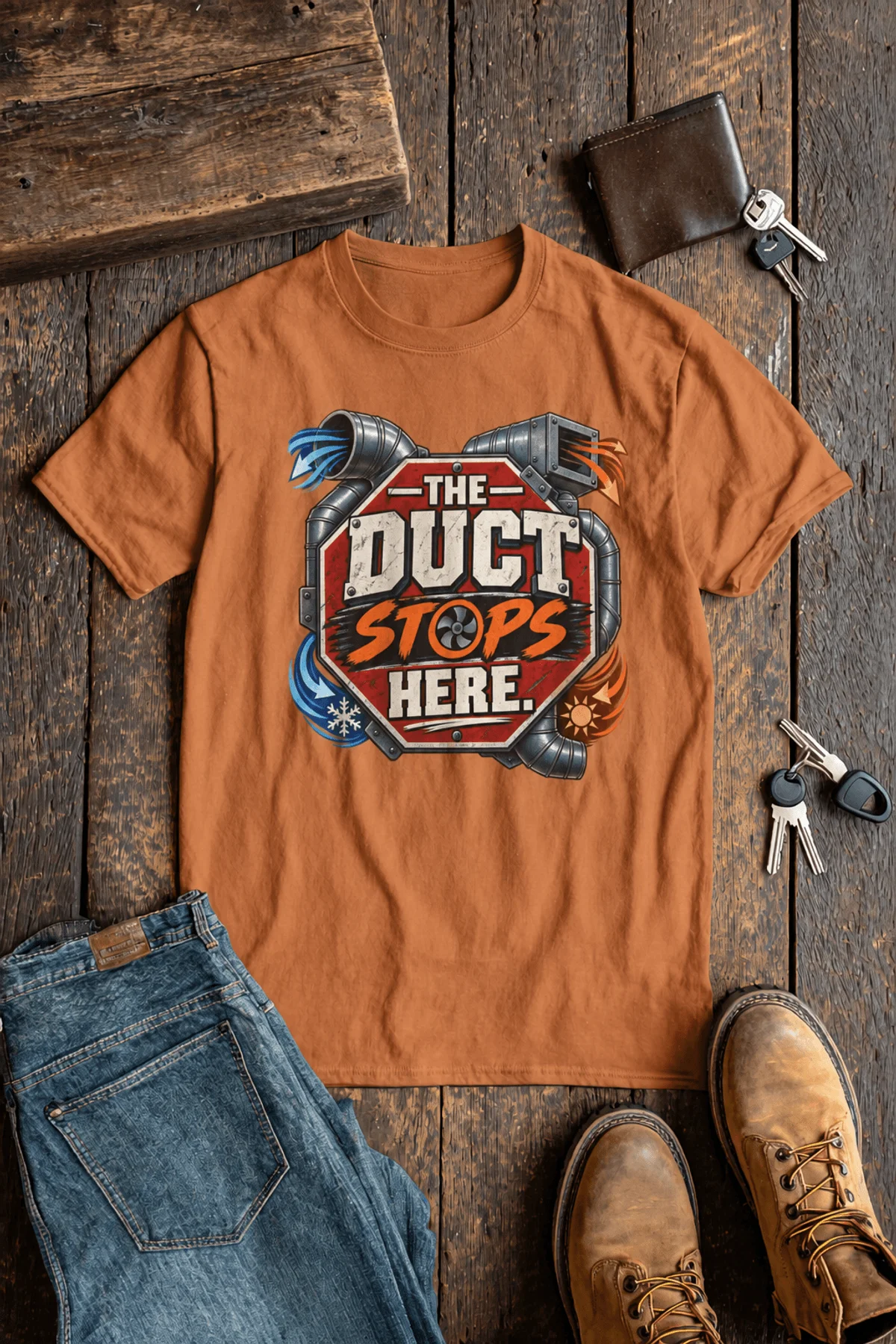 The Duct Stops Here T-Shirt — HVAC Technician Funny Logo Tee — yam t-shirt, flat-lay product photo | Pressure Tested Co