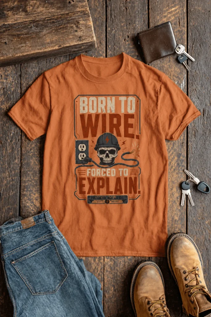 Electrician T-Shirt — "Born to Wire, Forced to Explain" Vintage Skull Tee — yam t-shirt, flat-lay product photo | Pressure Tested Co