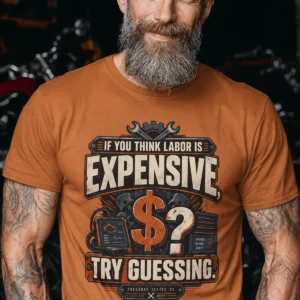 Sarcastic T-Shirt — "If You Think Labor Is Expensive, Try Guessing" Vintage Trades Tee — yam t-shirt, model photo | Pressure Tested Co