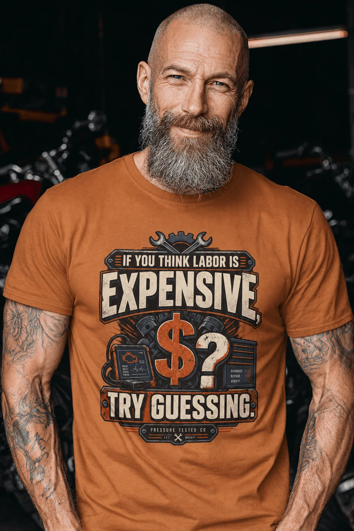 Sarcastic T-Shirt — "If You Think Labor Is Expensive, Try Guessing" Vintage Trades Tee — yam t-shirt, model photo | Pressure Tested Co