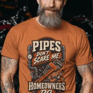 Plumber Humor T-Shirt — “Pipes Don't Scare Me, Homeowners Do” Graphic Pipe Tee — yam t-shirt, model photo | Pressure Tested Co