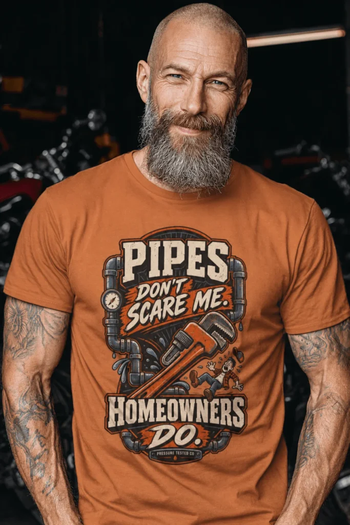 Plumber Humor T-Shirt — “Pipes Don't Scare Me, Homeowners Do” Graphic Pipe Tee — yam t-shirt, model photo | Pressure Tested Co