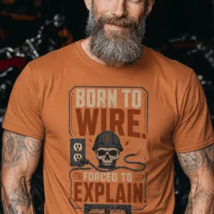 Electrician T-Shirt — "Born to Wire, Forced to Explain" Vintage Skull Tee — yam t-shirt, model photo | Pressure Tested Co