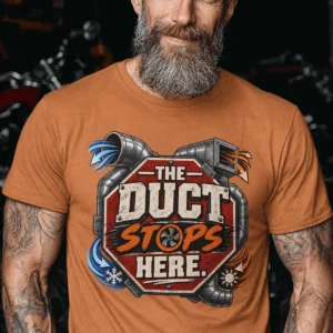 The Duct Stops Here T-Shirt — HVAC Technician Funny Logo Tee — yam t-shirt, model photo | Pressure Tested Co