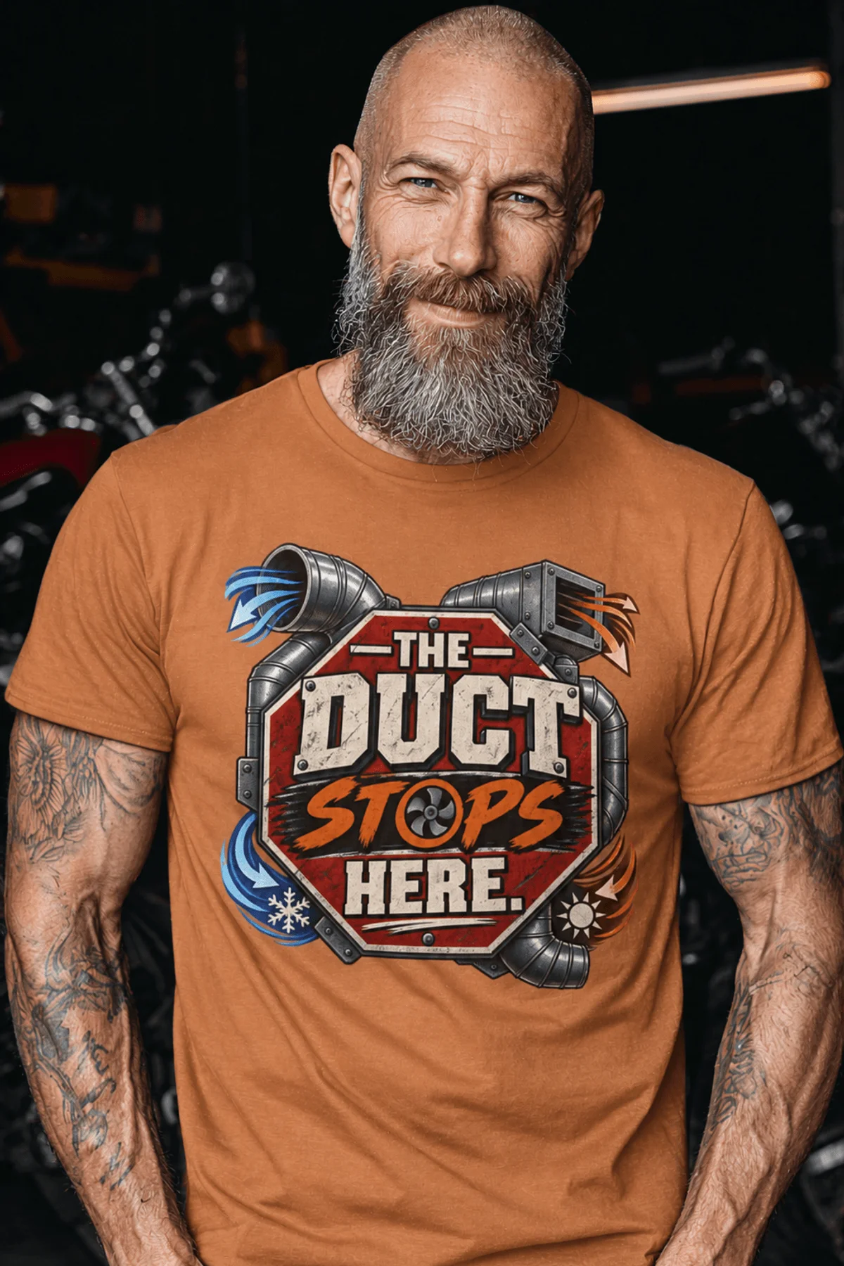 The Duct Stops Here T-Shirt — HVAC Technician Funny Logo Tee — yam t-shirt, model photo | Pressure Tested Co