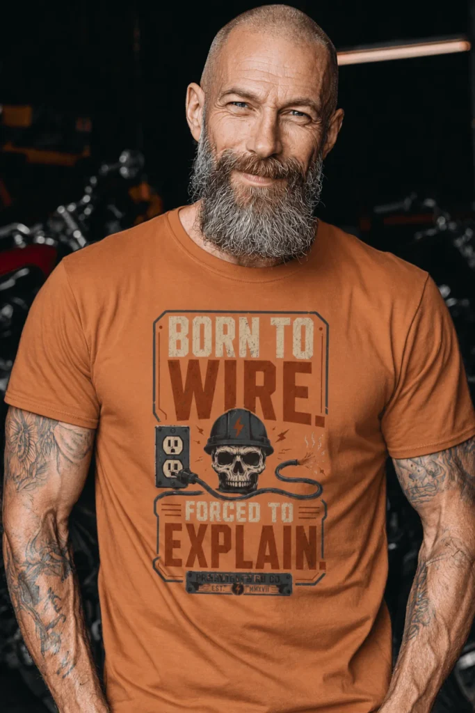 Electrician T-Shirt — "Born to Wire, Forced to Explain" Vintage Skull Tee — yam t-shirt, model photo | Pressure Tested Co