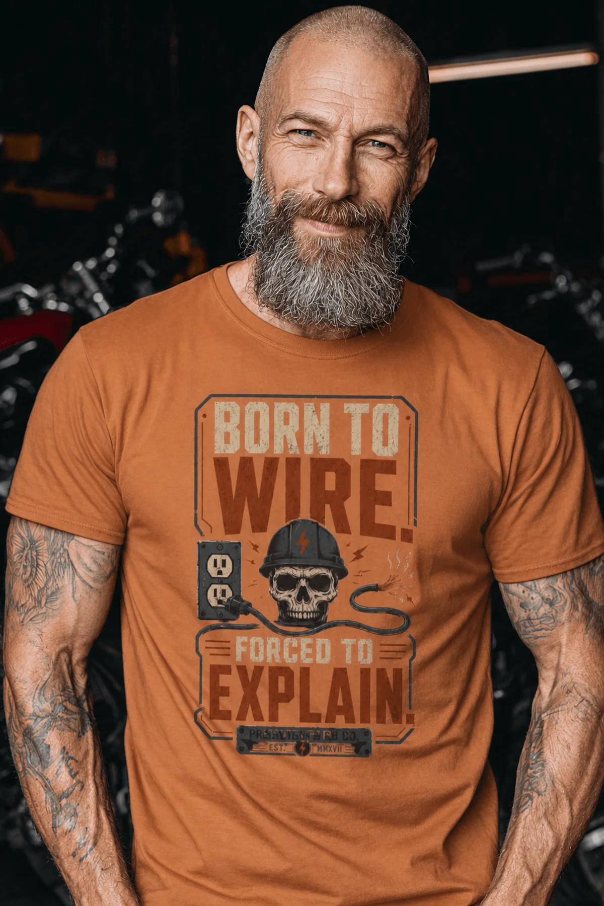 Electrician T-Shirt — "Born to Wire, Forced to Explain" Vintage Skull Tee — yam t-shirt, model photo | Pressure Tested Co